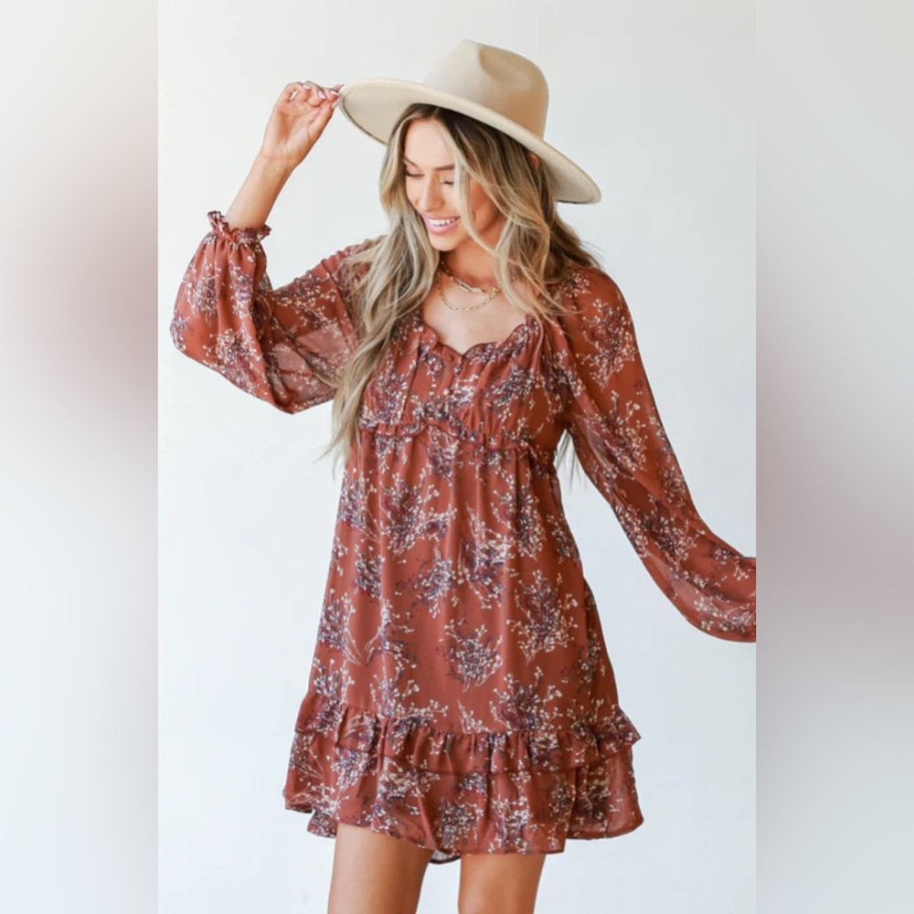 Burnt Orange Floral Babydoll Dress